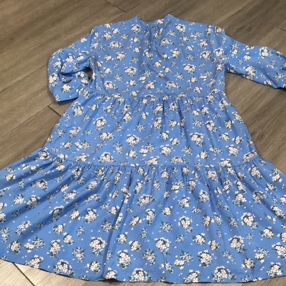 Badgley Mischka Robin Egg Blue Floral Over Sized Tiered Boho 3/4 Sleeve Dress - Picture 8 of 12